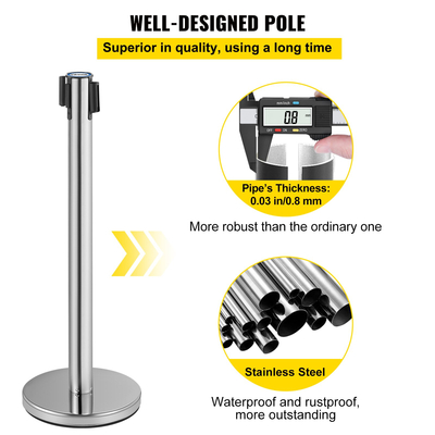 VEVOR Crowd Control Stanchion, Σετ 6 τεμαχίων Stanchion Set, Stanchion Set w/ 6,6ft/2m Κόκκινη ανασυρόμενη ζώνη, Ασημί φράγμα ελέγχου πλήθους με στιβαρή λαστιχένια βάση–Σύστημα εύκολης σύνδεσης για έλεγχο πλήθους