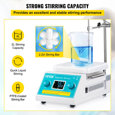 Μαγνητικός αναδευτήρας VEVOR Hot Plate, 200-2000 RPM Ψηφιακός μαγνητικός αναδευτήρας εστίας, 2L Lab Heating Plate Stirrer με βάση στήριξης, μέγιστη 572°F / 300°C Θερμοκρασία θέρμανσης 500W Ισχύς θέρμανσης για ανάμιξη εργαστηρίου