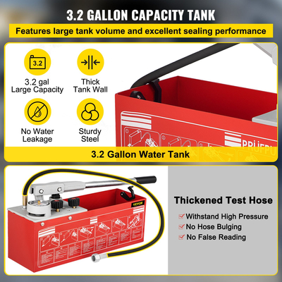 Δοκιμαστική αντλία υδροστατικής πίεσης VEVOR, Δοκιμή έως 60 bar/860 psi, Δεξαμενή 3,2 γαλονιών, Υδραυλικό χειροκίνητο κιτ μέτρησης πίεσης νερού με μετρητή τριών μονάδων &amp; σύνδεση R 1/2&quot; για δοκιμή πίεσης υγρού αγωγού