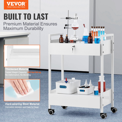 VEVOR Lab Cart, 2 επιπέδων ανοξείδωτο καρότσι χρησιμότητας, ιατρικό καρότσι με 2 συρτάρια, κυλιόμενο καλάθι εργαστηρίου Λευκή βαφή, καλάθι σερβιρίσματος με περιστρεφόμενους τροχούς για εργαστήριο, νοσοκομειακό, οδοντιατρικό, σαλόνι και ομορφιά