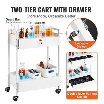VEVOR Lab Cart, 2 επιπέδων ανοξείδωτο καρότσι χρησιμότητας, ιατρικό καρότσι με 2 συρτάρια, κυλιόμενο καλάθι εργαστηρίου Λευκή βαφή, καλάθι σερβιρίσματος με περιστρεφόμενους τροχούς για εργαστήριο, νοσοκομειακό, οδοντιατρικό, σαλόνι και ομορφιά