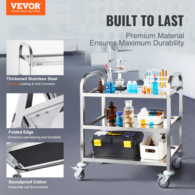 VEVOR Stainless Steel Cart, 3 Layers Lab Utility Cart 400 lbs Weight Capacity, Medical Cart with Universal Wheels που κλειδώνουν, για εργαστήριο, κλινική, κουζίνα, σαλόνι