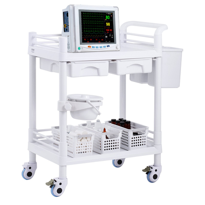 VEVOR 2 Tiers Lab Carts Κινητό ιατρικό καλάθι 2 δίσκοι 2 συρτάρια 3 κάδοι απορριμμάτων λευκό