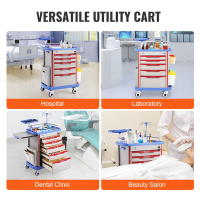 VEVOR 5 Tiers Lab Carts Κινητό ιατρικό καλάθι με 5 συρτάρια &amp; 2 κάδους απορριμμάτων μπλε