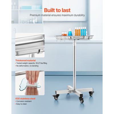 VEVOR Mobile Mayo Stand Δίσκος Mayo από ανοξείδωτο ατσάλι 25,2&quot;-39,8&quot; με αφαιρούμενο δίσκο