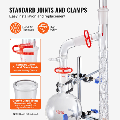 VEVOR Lab Distillation Kit, 3.3 Boro Lab Glassware Distillation Kit with 24, 40 Joint, 1000ml Esential Oil Distillation Apparatus Kit, 14 τμχ Σετ εξοπλισμού γυαλικών