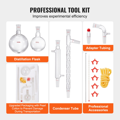 VEVOR Lab Distillation Kit, 3.3 Boro Lab Glassware Distillation Kit with 24, 40 Joint, 1000ml Esential Oil Distillation Apparatus Kit, 14 τμχ Σετ εξοπλισμού γυαλικών