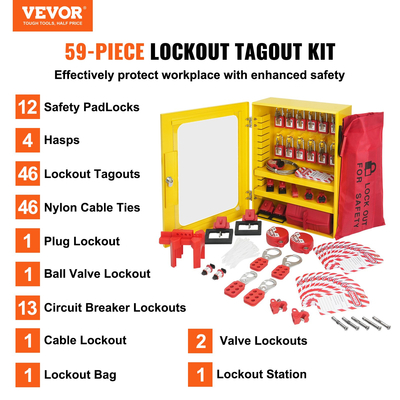 VEVOR Electrical Lockout Tagout Kit, 59 PCS Safety Lockout Σταθμός Tagout με λουκέτα, βύσματα, ετικέτες, δέσιμο, κλείδωμα βύσματος, κλείδωμα διακόπτη, κλείδωμα βαλβίδων, κλείδωμα καλωδίου, τσάντα κλειδώματος, κουτί