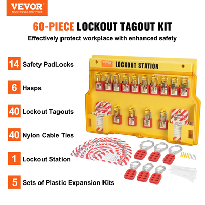 VEVOR Electrical Lockout Tagout Kit, 60 PCS Safety Lockout Tagout Station Περιλαμβάνει λουκέτα, Hasps, Tags, Nylon Ties, Expansion Kit και Lockout Station Board, για βιομηχανική, ηλεκτρική ενέργεια