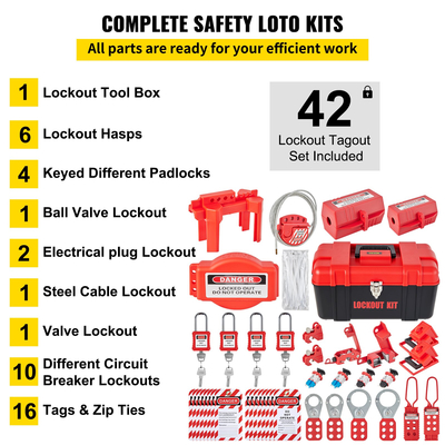 VEVOR 42 PCS Lockout Tagout Kit, Electrical Safety Loto Kit Περιλαμβάνει λουκέτα, 5 είδη κλειδαριών, Hasps, Tags &amp; Ties, Box, Lockout Safety Tools για αφαίρεση ηλεκτρικού κινδύνου σε βιομηχανικά, μηχανήματα