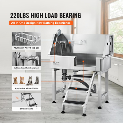 Σταθμός μπάνιου VEVOR 864MM Pet Dog με ράμπα, Επαγγελματική μπανιέρα περιποίησης σκύλων από ανοξείδωτο χάλυβα με συρτάρι αποθήκευσης, βρύση, πλούσιο αξεσουάρ, μπανιέρα σκύλου για μεγάλα, μεσαία, μικρά κατοικίδια, νεροχύτης για το σπίτι (δεξιά)