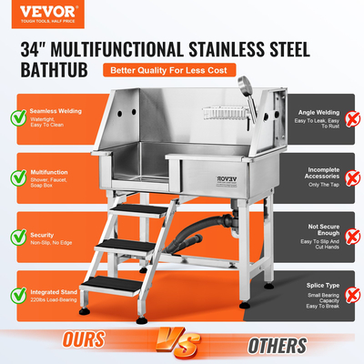 Σταθμός μπάνιου VEVOR 864MM Pet Dog με ράμπα, Επαγγελματική μπανιέρα περιποίησης σκύλων από ανοξείδωτο χάλυβα με συρτάρι αποθήκευσης, βρύση, πλούσιο αξεσουάρ, μπανιέρα σκύλου για μεγάλα, μεσαία, μικρά κατοικίδια, νεροχύτης για το σπίτι (αριστερά)