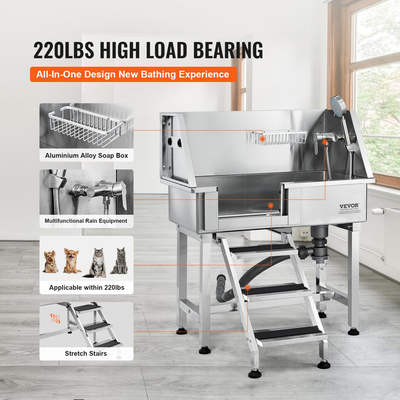 Σταθμός μπάνιου VEVOR 864MM Pet Dog με ράμπα, Επαγγελματική μπανιέρα περιποίησης σκύλων από ανοξείδωτο χάλυβα με συρτάρι αποθήκευσης, βρύση, πλούσιο αξεσουάρ, μπανιέρα σκύλου για μεγάλα, μεσαία, μικρά κατοικίδια, νεροχύτης για το σπίτι (αριστερά)