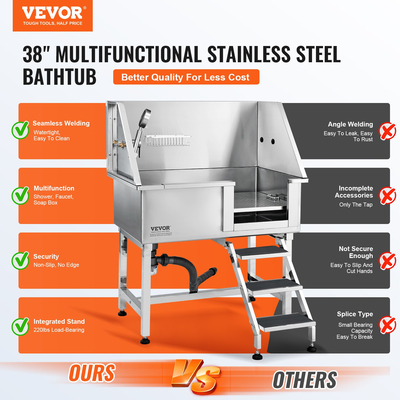 Σταθμός μπάνιου VEVOR 38&quot; Pet Dog με ράμπα, Επαγγελματική μπανιέρα περιποίησης σκύλων από ανοξείδωτο χάλυβα με συρτάρι αποθήκευσης, σχάρα δαπέδου, βρύση, μπανιέρα σκυλιών για μεγάλα, μεσαία, μικρά κατοικίδια, νεροχύτης για το σπίτι (δεξιά)