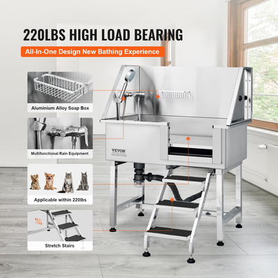 Σταθμός μπάνιου VEVOR 38&quot; Pet Dog με ράμπα, Επαγγελματική μπανιέρα περιποίησης σκύλων από ανοξείδωτο χάλυβα με συρτάρι αποθήκευσης, σχάρα δαπέδου, βρύση, μπανιέρα σκυλιών για μεγάλα, μεσαία, μικρά κατοικίδια, νεροχύτης για το σπίτι (δεξιά)
