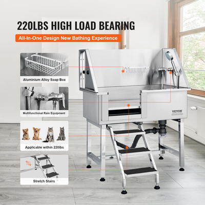 Σταθμός μπάνιου VEVOR 38&quot; Pet Dog με ράμπα, Επαγγελματική μπανιέρα περιποίησης σκύλων από ανοξείδωτο χάλυβα με συρτάρι αποθήκευσης, σχάρα δαπέδου, βρύση, μπανιέρα σκύλου για μεγάλα, μεσαία, μικρά κατοικίδια, νεροχύτης για το σπίτι (αριστερά)