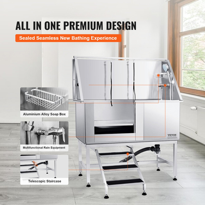 Σταθμός μπάνιου VEVOR 1.27M Pet Dog με σκάλες, Επαγγελματική μπανιέρα περιποίησης σκύλων από ανοξείδωτο χάλυβα με κουτί σαπουνιού, βρύση, πλούσιο αξεσουάρ, μπανιέρα σκύλου για μεγάλα, μεσαία, μικρά κατοικίδια, νεροχύτης για το σπίτι αριστερά