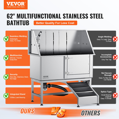 Σταθμός μπάνιου VEVOR 1.57M Pet Dog με ράμπα, Επαγγελματική μπανιέρα περιποίησης σκύλων από ανοξείδωτο χάλυβα με κουτί σαπουνιού, βρύση, πλούσιο αξεσουάρ, μπανιέρα για μεγάλα, μεσαία, μικρά κατοικίδια, νεροχύτης για το σπίτι (δεξιά)