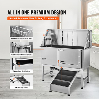 Σταθμός μπάνιου VEVOR 1.57M Pet Dog με ράμπα, Επαγγελματική μπανιέρα περιποίησης σκύλων από ανοξείδωτο χάλυβα με κουτί σαπουνιού, βρύση, πλούσιο αξεσουάρ, μπανιέρα για μεγάλα, μεσαία, μικρά κατοικίδια, νεροχύτης για το σπίτι (δεξιά)