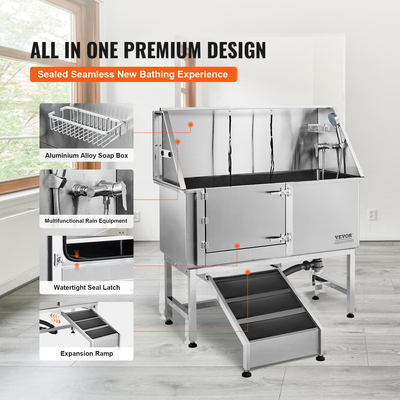 Σταθμός μπάνιου VEVOR 1.57M Pet Dog με ράμπα, Επαγγελματική μπανιέρα περιποίησης σκύλων από ανοξείδωτο χάλυβα με κουτί σαπουνιού, βρύση, πλούσιο αξεσουάρ, μπανιέρα για μεγάλα, μεσαία, μικρά κατοικίδια, νεροχύτης για το σπίτι (αριστερά)