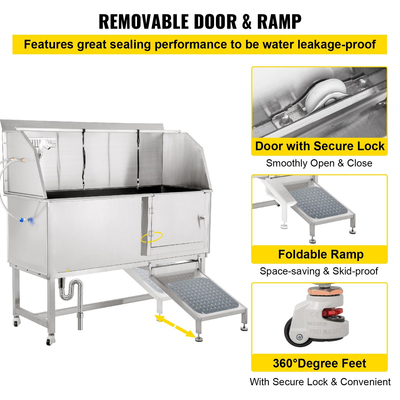 VEVOR Μπανιέρα περιποίησης σκύλων, σταθμός πλύσης κατοικίδιων 62&quot; R, μπανιέρα περιποίησης κατοικίδιων ζώων 304 από ανοξείδωτο χάλυβα, χωρητικότητας 661 LBS, αντιολισθητικός σταθμός πλυσίματος σκύλων με ράμπα, βρύση, ψεκαστήρα και κιτ αποστράγγισης
