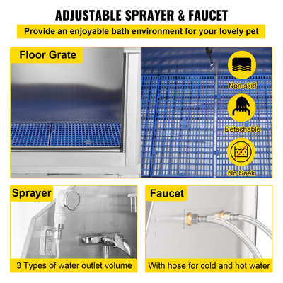 VEVOR Μπανιέρα περιποίησης σκύλων, σταθμός πλύσης κατοικίδιων 62&quot; R, μπανιέρα περιποίησης κατοικίδιων ζώων 304 από ανοξείδωτο χάλυβα, χωρητικότητας 661 LBS, αντιολισθητικός σταθμός πλυσίματος σκύλων με ράμπα, βρύση, ψεκαστήρα και κιτ αποστράγγισης