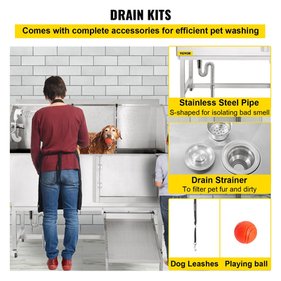 VEVOR Μπανιέρα περιποίησης σκύλων, σταθμός πλύσης κατοικίδιων 62&quot; R, μπανιέρα περιποίησης κατοικίδιων ζώων 304 από ανοξείδωτο χάλυβα, χωρητικότητας 661 LBS, αντιολισθητικός σταθμός πλυσίματος σκύλων με ράμπα, βρύση, ψεκαστήρα και κιτ αποστράγγισης