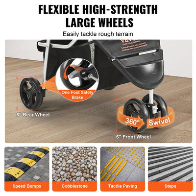 Καρότσι κατοικίδιων VEVOR, καρότσι σκύλου με 3 τροχούς περιστρεφόμενο με φρένα, χωρητικότητα βάρους 35 λίβρες, καροτσάκι κουταβιού με μπροστινό πεντάλ, Velcro, καλάθι αποθήκευσης και ποτηροθήκη, για ταξίδια σκύλων και γατών, μαύρο