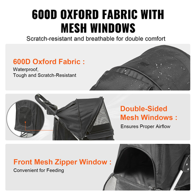 Καρότσι κατοικίδιων VEVOR, καρότσι σκύλου με 3 τροχούς περιστρεφόμενο με φρένα, χωρητικότητα βάρους 35 λίβρες, καροτσάκι κουταβιού με μπροστινό πεντάλ, Velcro, καλάθι αποθήκευσης και ποτηροθήκη, για ταξίδια σκύλων και γατών, μαύρο