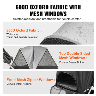 Καρότσι κατοικίδιων VEVOR, καρότσι σκύλου με 4 τροχούς περιστρεφόμενο με φρένα, χωρητικότητα βάρους 35 λίβρες, καρότσι κουταβιών με αποσπώμενη θήκη, καλάθι αποθήκευσης και ποτηροθήκη, για ταξίδια σκύλων και γατών, μαύρο+σκούρο γκρι