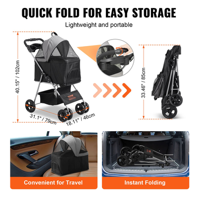 Καρότσι κατοικίδιων VEVOR, καρότσι σκύλου με 4 τροχούς περιστρεφόμενο με φρένα, χωρητικότητα βάρους 35 λίβρες, καρότσι κουταβιών με αποσπώμενη θήκη, καλάθι αποθήκευσης και ποτηροθήκη, για ταξίδια σκύλων και γατών, μαύρο+σκούρο γκρι