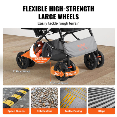 Καρότσι κατοικίδιων VEVOR, καροτσάκι σκύλου 4 τροχών περιστρεφόμενο με φρένα, χωρητικότητα βάρους 44 λίβρες, καροτσάκι κουταβιού με αναστρέψιμο τιμόνι, καλάθι αποθήκευσης και φερμουάρ, για ταξίδια σκύλων και γατών, μαύρο+γκρι