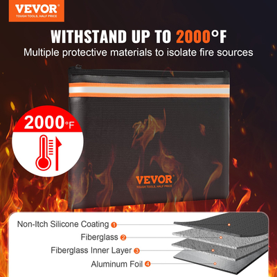 VEVOR Fireproof Document Bag, 13,4&quot;x10&quot; Fireproof Money Bag 2000℉, Fireproof and waterproof bag with a card pocket, φερμουάρ και αντανακλαστική ταινία, για χρήματα, έγγραφα, κοσμήματα και διαβατήριο