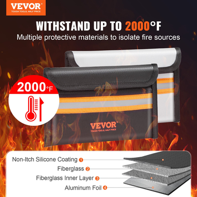 VEVOR Fireproof Document Bag, 2 τμχ 8&quot;x5&quot; Fireproof Money Bag 2000℉, πυρίμαχη και αδιάβροχη τσάντα με φερμουάρ και ανακλαστική ταινία, για χρήματα, έγγραφα, κοσμήματα και διαβατήριο