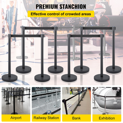 VEVOR Crowd Control Stanchion, σετ Stanchion 8 τεμαχίων, με μαύρη ανασυρόμενη ζώνη 6,6 ft/2 m, μαύρο φράγμα ελέγχου πλήθους με σκυρόδεμα και μεταλλική βάση, συναρμολόγηση Easy Connect