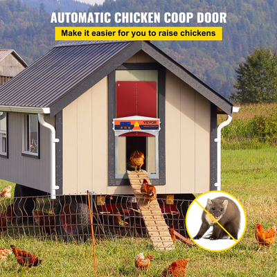 VEVOR Automatic Chicken Coop Door, Auto Open/Close, Gear Lifter Galvanized Poultry Gate με βραδινό και πρωί καθυστερημένο άνοιγμα και αισθητήρα φωτός, οθόνη LCD με μπαταρία, για πάπια, κόκκινο