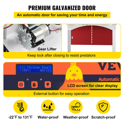 VEVOR Automatic Chicken Coop Door, Auto Open/Close, Gear Lifter Galvanized Poultry Gate με βραδινό και πρωί καθυστερημένο άνοιγμα και αισθητήρα φωτός, οθόνη LCD με μπαταρία, για πάπια, κόκκινο