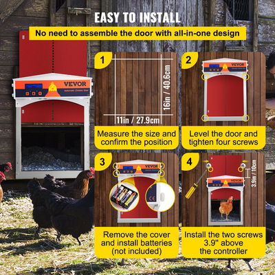 VEVOR Automatic Chicken Coop Door, Auto Open/Close, Gear Lifter Galvanized Poultry Gate με βραδινό και πρωί καθυστερημένο άνοιγμα και αισθητήρα φωτός, οθόνη LCD με μπαταρία, για πάπια, κόκκινο