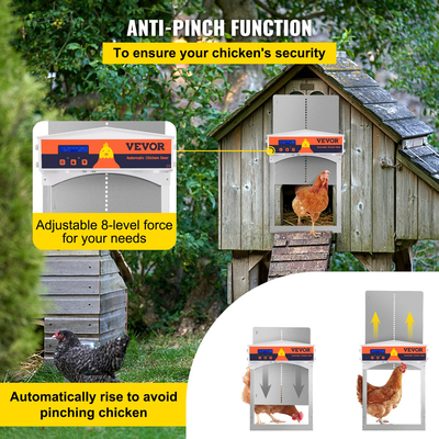 VEVOR Automatic Chicken Coop Door, Auto Open/Close, Gear Lifter Galvanized Poultry Gate με βραδινό και πρωί καθυστερημένο άνοιγμα και αισθητήρα φωτός, οθόνη LCD με μπαταρία, για πάπια, γκρι