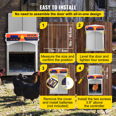 VEVOR Automatic Chicken Coop Door, Auto Open/Close, Gear Lifter Galvanized Poultry Gate με βραδινό και πρωί καθυστερημένο άνοιγμα και αισθητήρα φωτός, οθόνη LCD με μπαταρία, για πάπια, γκρι