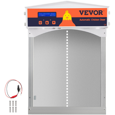 VEVOR Automatic Chicken Coop Door, Auto Open/Close, Gear Lifter Galvanized Poultry Gate με βραδινό και πρωί καθυστερημένο άνοιγμα και αισθητήρα φωτός, οθόνη LCD με μπαταρία, για πάπια, γκρι