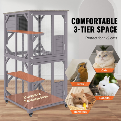 VEVOR Cat House Outdoor, 3 επιπέδων Large Catio, περίβλημα για γάτες με περιστρεφόμενους τροχούς 360°, 2 πλατφόρμες, ένα κουτί στήριξης και μεγάλη μπροστινή πόρτα, 29,9 x 34 x 64,1 ίντσες