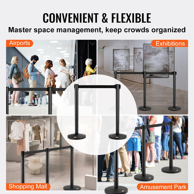 Βάσεις ελέγχου πλήθους VEVOR, φράγματα ελέγχου πλήθους 2 συσκευασιών, στύλος αναμονής με βαμμένο από ανθρακονήματα ψησίματος με μαύρη ανασυρόμενη ζώνη 11 FT, διαχωριστικό γραμμής φραγμών ζώνης για έκθεση, αεροδρόμιο