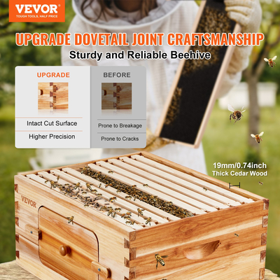 VEVOR Bee Hive Deep Box Starter Kit, 100% με επίστρωση κερί μέλισσας φυσικό ξύλο κέδρου, Κιτ κυψέλης Langstroth με 10 πλαίσια και θεμέλια, διαφανή ακρυλικά παράθυρα για αρχάριους και επαγγελματίες μελισσοκόμους