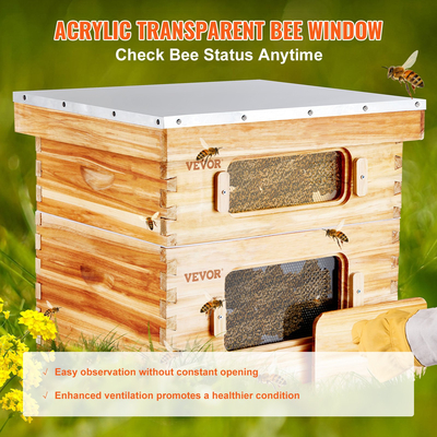 VEVOR Bee Hive 20 Frame Bee Hives Starter Kit, Ξύλο κέδρου με επικάλυψη με κερί μέλισσας, 1 Deep + 1 Medium Bee Boxes Kit Langstroth Beehive, Διαφανή ακρυλικά παράθυρα με βάση για αρχάριους επαγγελματίες μελισσοκόμους