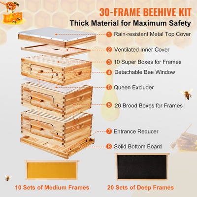 VEVOR Bee Hive 30 Frame Bee Hives Starter Kit, Beeswax Coated Wood Cedar, 2 Deep + 1 Medium Bee Boxes Kit Langstroth Beehive, Διαφανή ακρυλικά παράθυρα με βάση για αρχάριους επαγγελματίες μελισσοκόμους