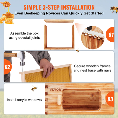 VEVOR Bee Hive Langstroth Kit Medium Beehive 10 Frames Acrylic Bee Windows