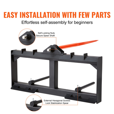 VEVOR 49&quot; Hay Spear, Bale Spears 1600lbs Loading Capacity, Skid Steer Loader Tractor Attachment with 2pcs 17,5&quot; Stabilizer Spears, Quick Attach Spike Forks