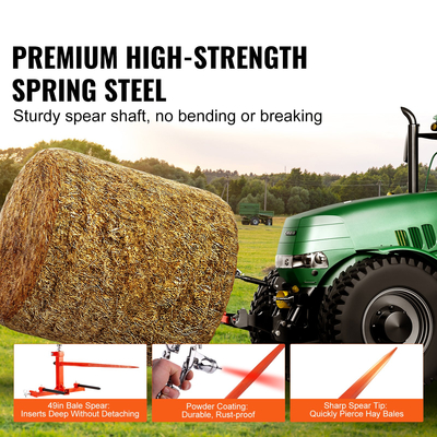 VEVOR 49&quot; Hay Spear, Bale Spears 1600lbs Loading Capacity, Three Point Hitch Tractor Attachment with 2 τμχ 17,5&quot; Stabilizer Spear, Quick Attach Spike Forks