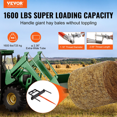 VEVOR 39&quot; Hay Spear, Bale Spears 1600lbs Loading Capacity, Skid Steer Loader Tractor Bucket Attachment with 2pcs 17,5&quot; Stabilizer Spears and 60&quot; Chain, Quick Attach Spike Forks